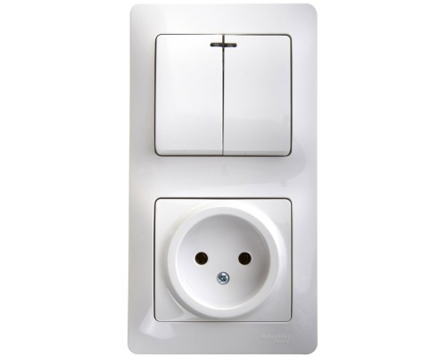 Блок: Розетка + 2-клавишный выключатель с подсветкой Schneider Electric Glossa, GSL000173, Белый