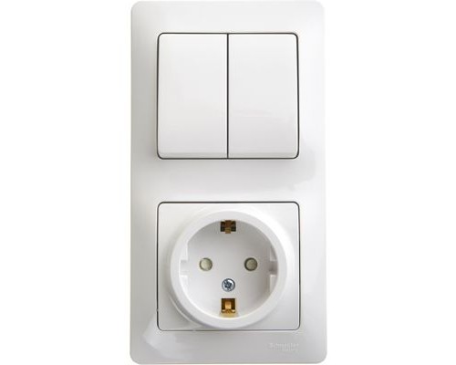 Блок: Розетка с заземлением со шторками+ 2-клавишный выключатель Schneider Electric Glossa, GSL000174, Белый