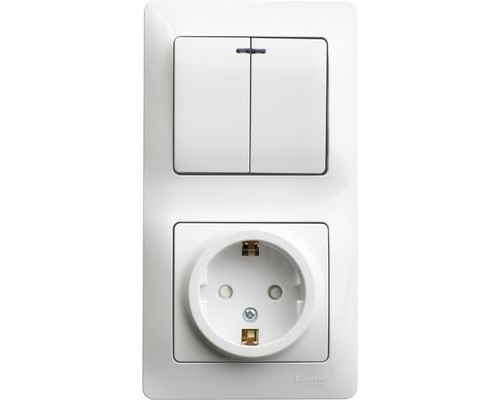 Блок: Розетка с заземлением со шторками+ 2-клавишный выключатель с подсветкой Schneider Electric Glossa, GSL000175, Белый