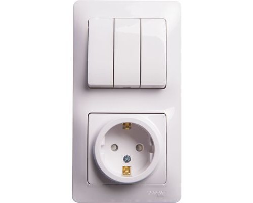 Блок: Розетка с заземлением со шторками+ 3- клавишный выключатель Schneider Electric Glossa, GSL000178, Белый