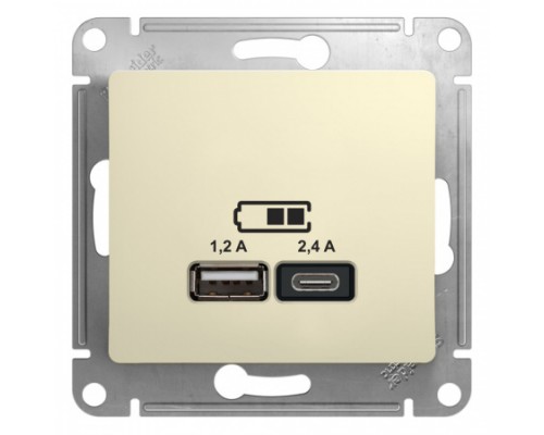 USB розетка A+С, 5В/2,4 А, 2х5В/1,2 А, Schneider Electric Glossa, GSL000239, Бежевый