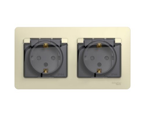 Розетка двойная с заземлением, со шторками, с крышкой, в сборе, IP44, Schneider Electric Glossa, GSL000247, Бежевый