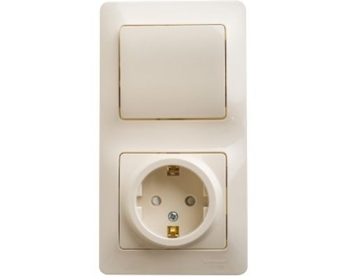 Блок: розетка с заземлением со шторками + 1-клавишный выключатель Schneider Electric Glossa, GSL000270, Бежевый