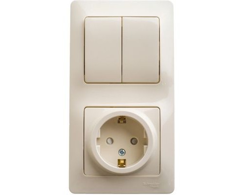 Блок: Розетка с заземлением со шторками+ 2-клавишный выключатель Schneider Electric Glossa, GSL000274, Бежевый