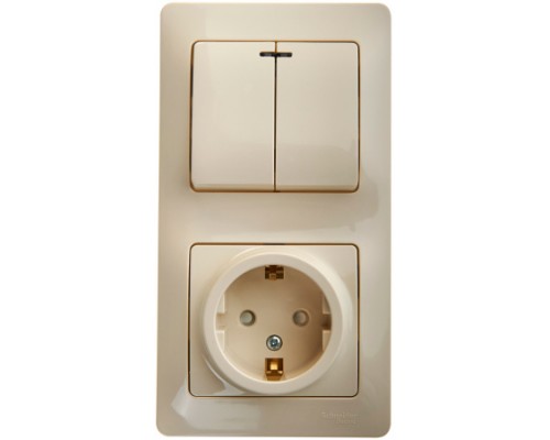 Блок: Розетка с заземлением со шторками+ 2-клавишный выключатель с подсветкой Schneider Electric Glossa, GSL000275, Бежевый