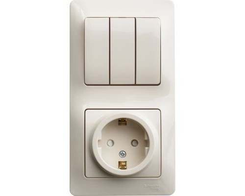 Блок: Розетка с заземлением со шторками+ 3- клавишный выключатель Schneider Electric Glossa, GSL000278, Бежевый