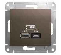 USB розетка A+С, 5В/2,4 А, 2х5В/1,2 А, Schneider Electric Glossa, GSL000839, Шоколад