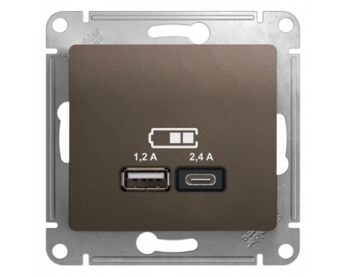 USB розетка A+С, 5В/2,4 А, 2х5В/1,2 А, Schneider Electric Glossa, GSL000839, Шоколад