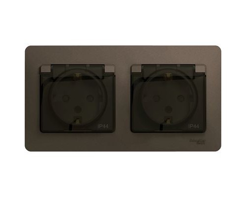 Розетка двойная с заземлением, со шторками, с крышкой, в сборе, IP44, Schneider Electric Glossa, GSL000847, Шоколад